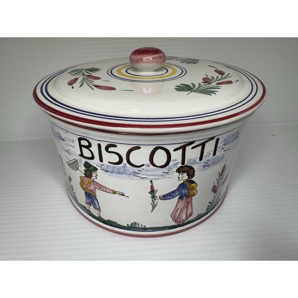 Vintage Sberna Deruta Italy Hand Painted Ceramic Biscotti Cookie Jar Canister